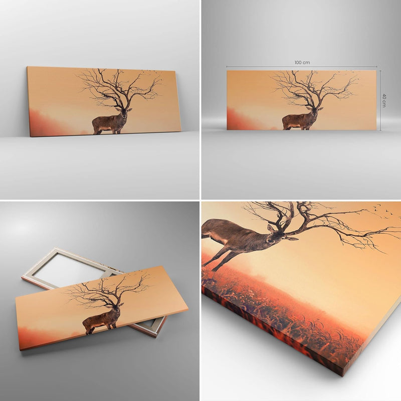 Panorama Bilder auf Leinwand 100x40cm Leinwandbild Hirsch Baum Nebel Wald Gross Wanddeko Bild Schlaf