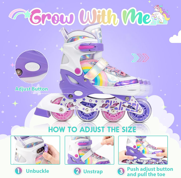 SULIFEEL Rainbow Unicorn Verstellbare Schwarz Rollschuhe für Kinder mit Leuchtenden Rädern für Junge