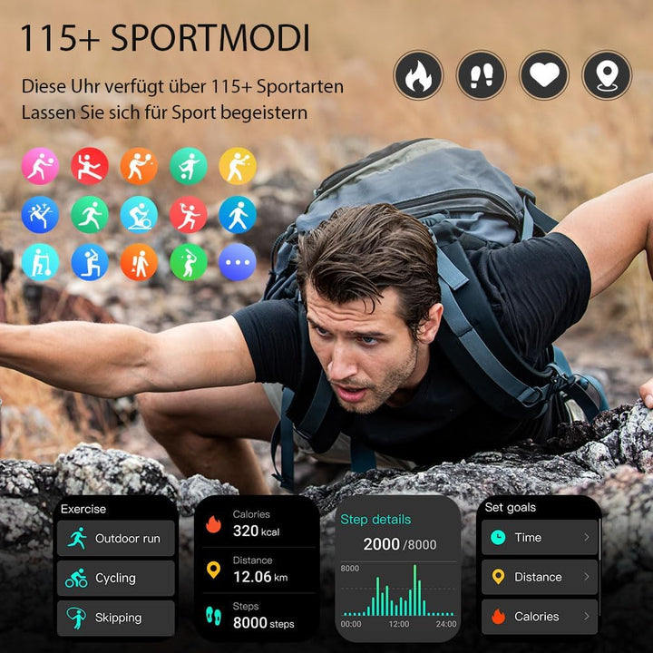 Smartwatch Damen Herren,1,96"HD Smartwatch Bluetooth-5.4-Anrufe,115+ Sportmodi Fitnessuhr, IP68 Wass