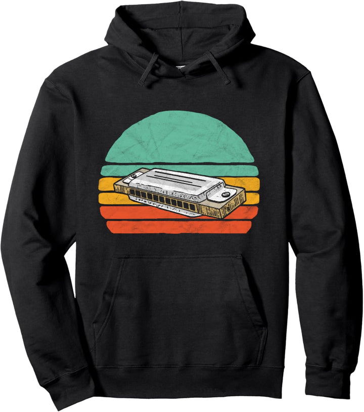 Vintage Harmonica & 80s Sun Funny Retro Minimalist Music Pullover Hoodie