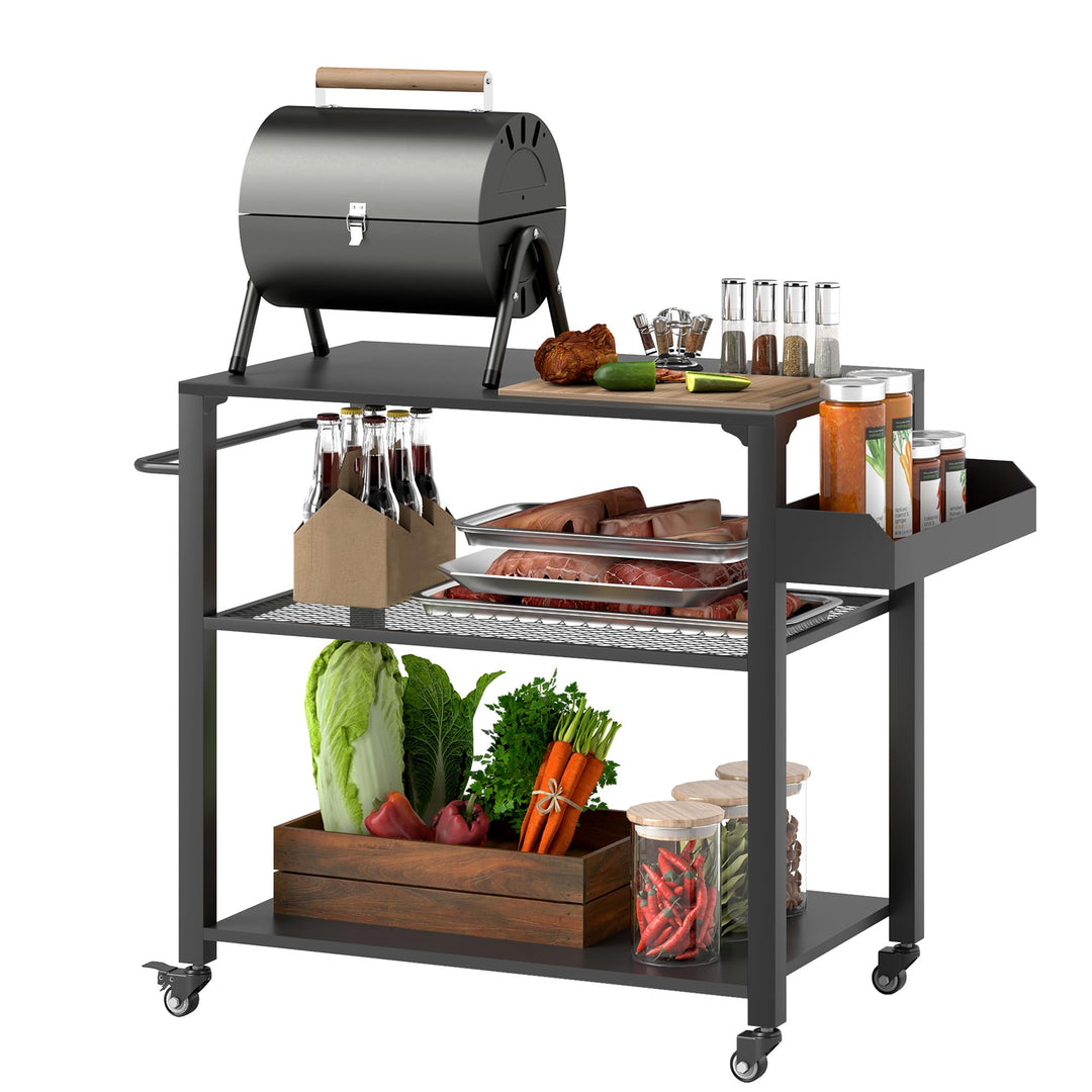 Outsunny Grillwagen 3-Etagen Servierwagen mit Arbeitsfläche Ablagen Räder, BBQ Grilltisch aus Edelst