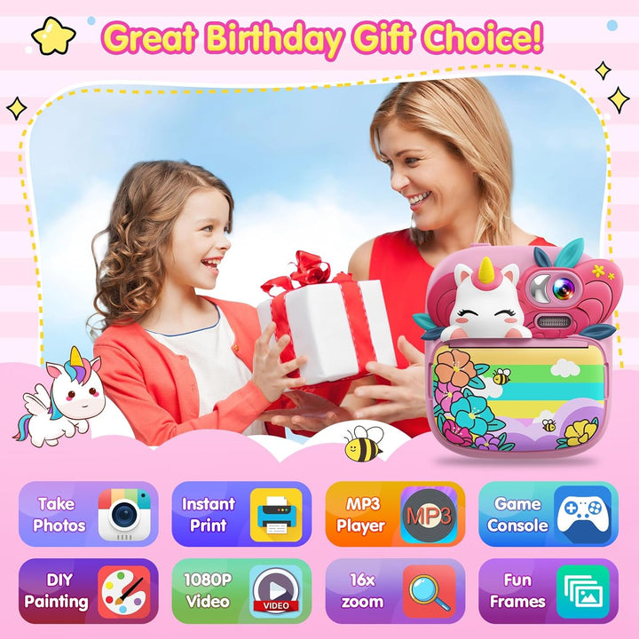 TIATUA Kinderkamera Sofortbildkamera, 1080P 2,4 Zoll Sofortbildkamera Kinder mit 32G Karte und 3 Rol