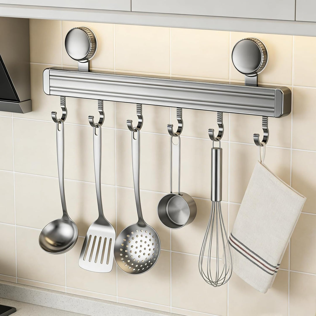 2 Stück Hakenleiste Küche ohne Bohren, Saugnapf Küchenstange aus Aluminiumlegierung, 6 bewegliche Ha