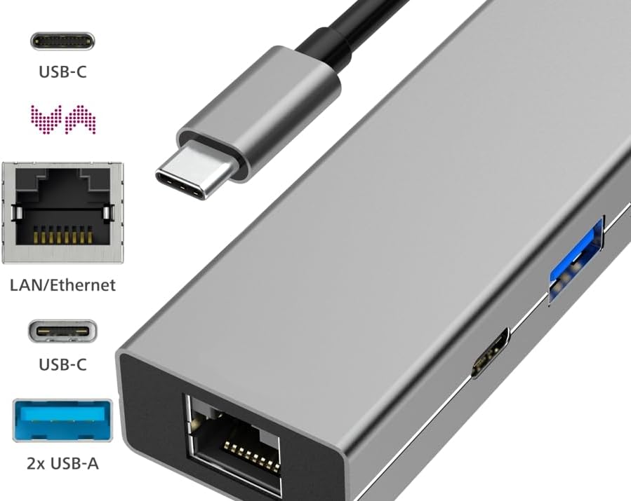Hama USB C Hub 4 Ports (Multiport Adapter 1x LAN Gigabit Ethernet, 2X USB-A, 1x USB-C zur Übertragun