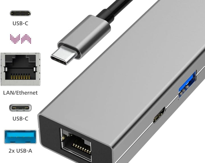 Hama USB C Hub 4 Ports (Multiport Adapter 1x LAN Gigabit Ethernet, 2X USB-A, 1x USB-C zur Übertragun