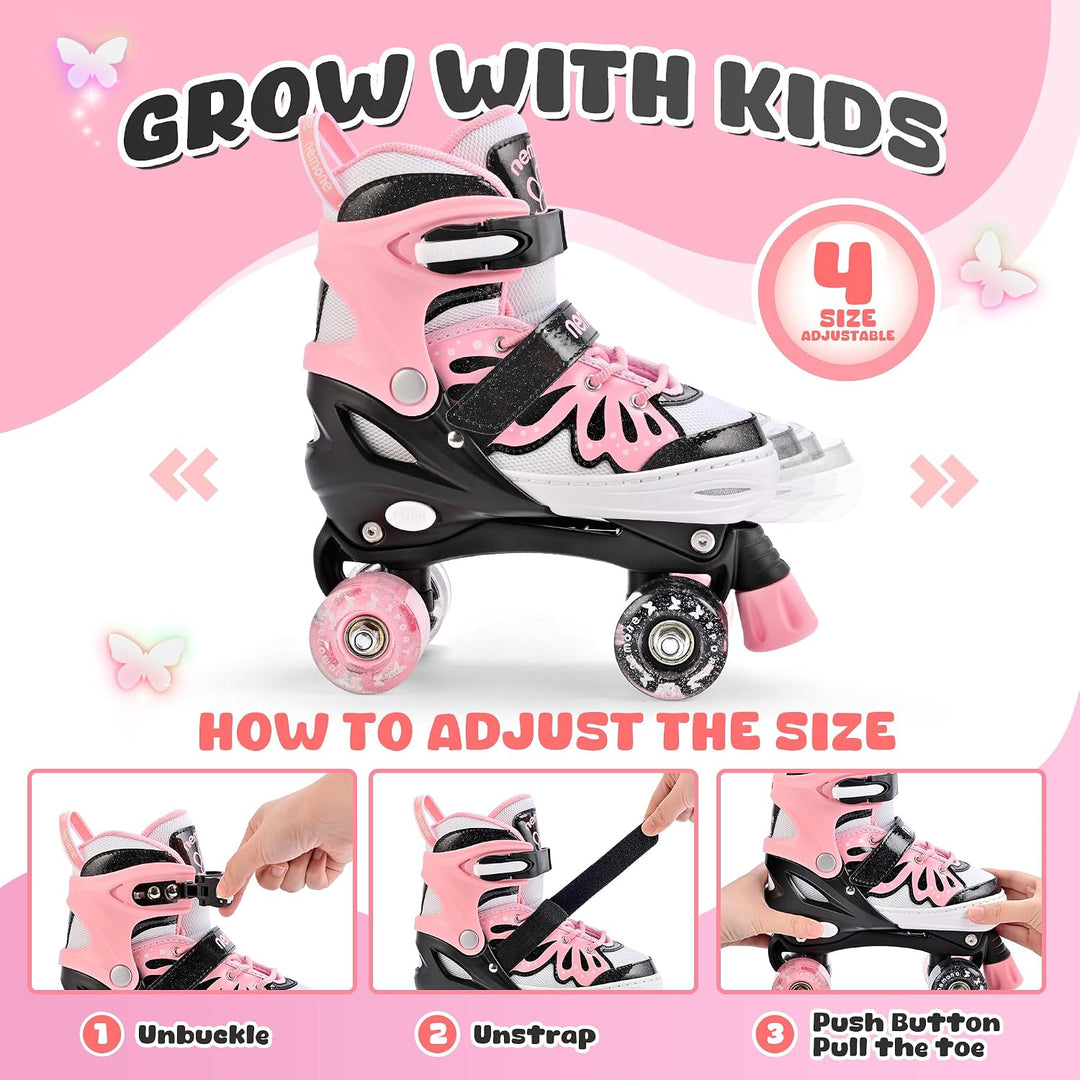NEMONE Rollschuhe für Mädchen Kinder 4 Grössen Verstellbar Blau Violett Rollschuhe für Kinder Drinne
