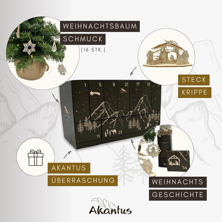 Akantus Adventskalender – mit geschnitzter Steckkrippe & Holz-Weihnachtsschmuck – liebevoll gefertig