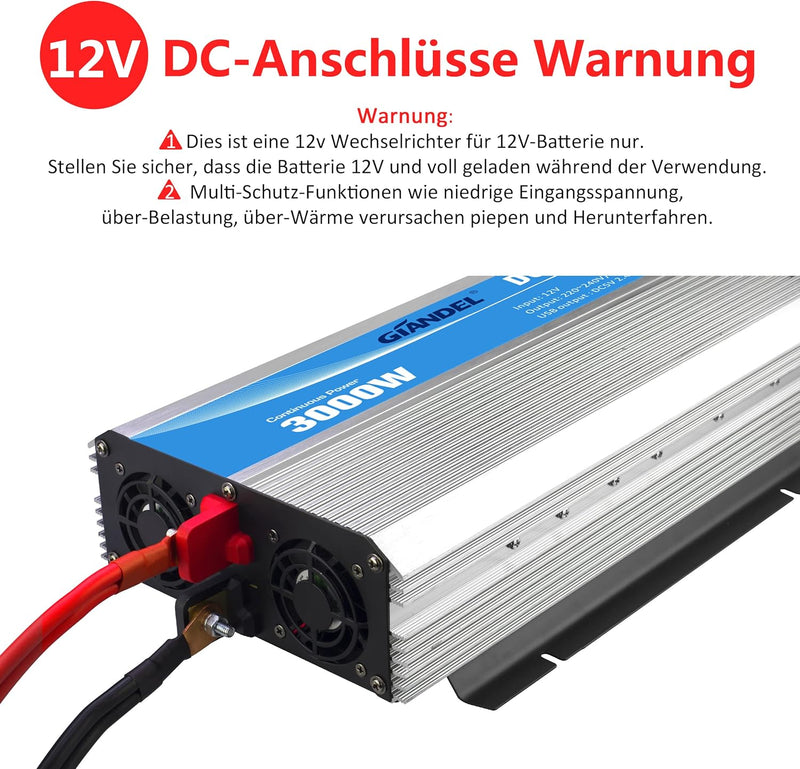 GIANDEL 3000W Modifizierter Sinus Wechselrichter 12v auf 230v Spannungswandler Power Inverter mit Fe