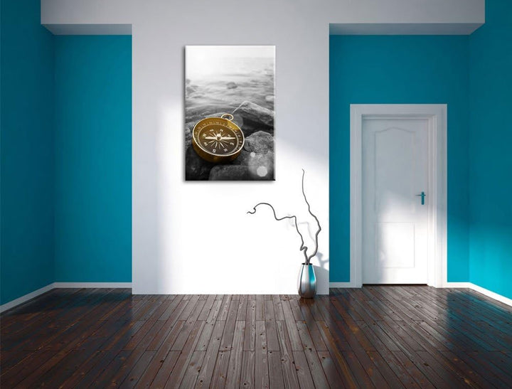 schöner Kompass Reiselust schwarz/weiss Format: 100x70 auf Leinwand, XXL riesige Bilder fertig gerah