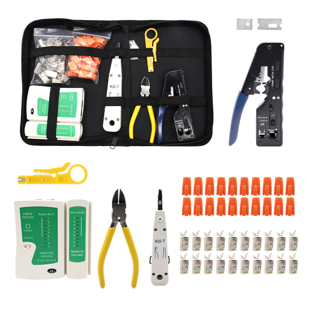 RJ45 Crimpzange Netzwerkstecker Set, Netzwerk Werkzeug Set, Mit 20 X RJ45 Stecker Cat7/Cat6aPass Thr