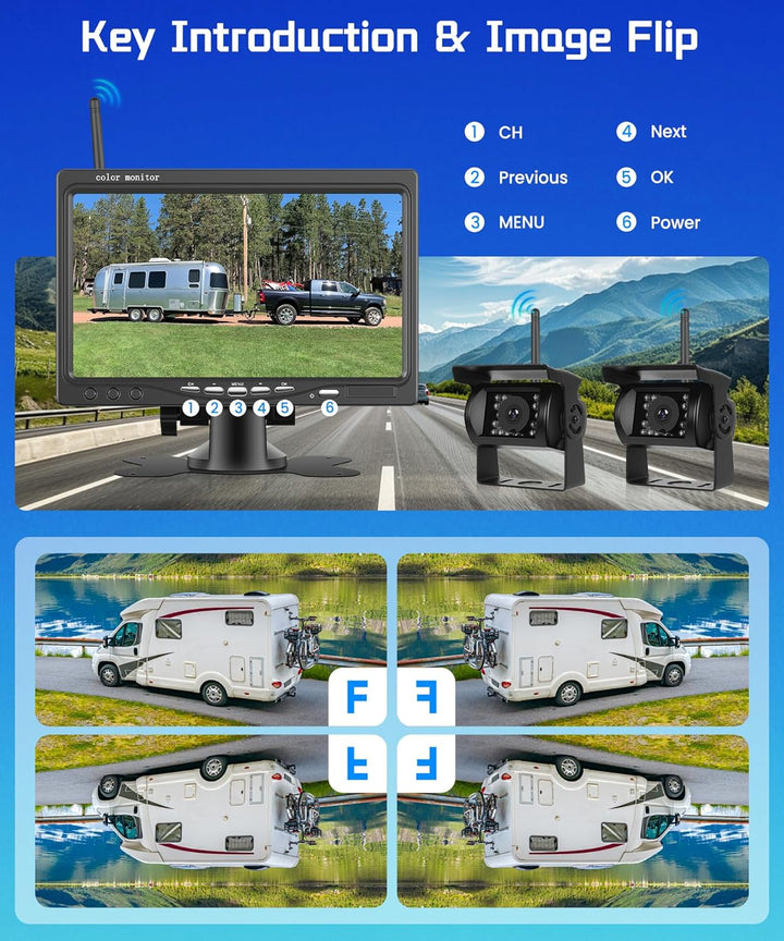 Hodozzy 2 Kabellose Digitale Rückfahrkameras mit 7 Zoll IPS Bildschirm, wasserdichte IP68 Rückfahrka