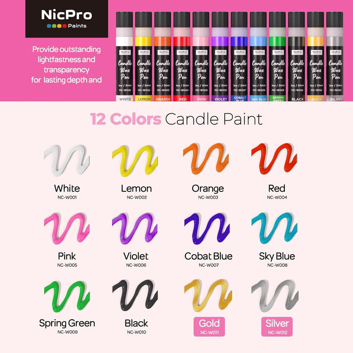 Nicpro Kerzenstifte 12 Farben X 30 ml, Wachsstifte für Kerzen, 3D Kerzenwachs Stift Inklusive Glitze
