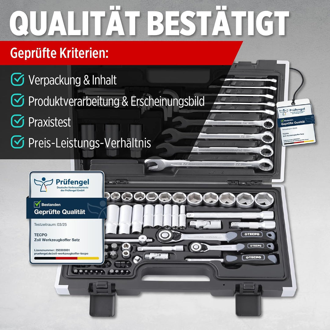 TECPO Zoll Steckschlüssel-Satz, Ringschlüssel und Maulschlüssel, Werkzeugkoffer 92-tlg, Ratsche mit