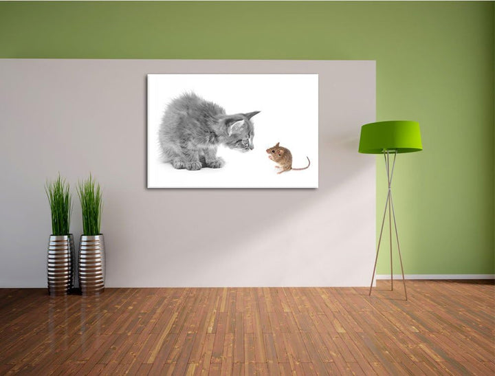 Katz und Maus schwarz/weiss Format: 100x70 auf Leinwand, XXL riesige Bilder fertig gerahmt mit Keilr