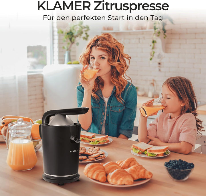 KLAMER Saftpresse elektrisch mit zwei Presskegeln – Zitruspresse für Orangen, Zitronen, Limetten & G