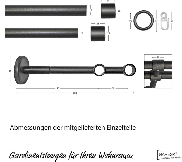 Garesa Gardinenstange Rustika Ø 16mm, 2-läufig, Graphite I Rustikale Vorhangstange aus Metall inkl.