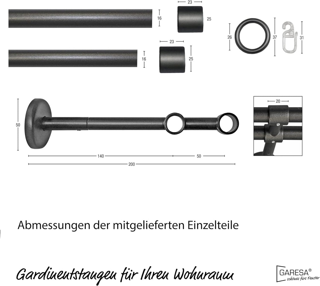 Garesa Gardinenstange Rustika Ø 16mm, 2-läufig, Graphite I Rustikale Vorhangstange aus Metall inkl.