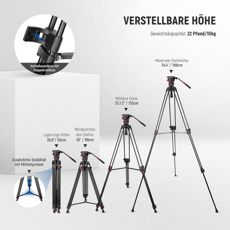 NEEWER 74" Pro Videostativ mit Einstellbarem Dämpfung Fluidkopf,Metall Dual Mode QR Platte,kompatibe