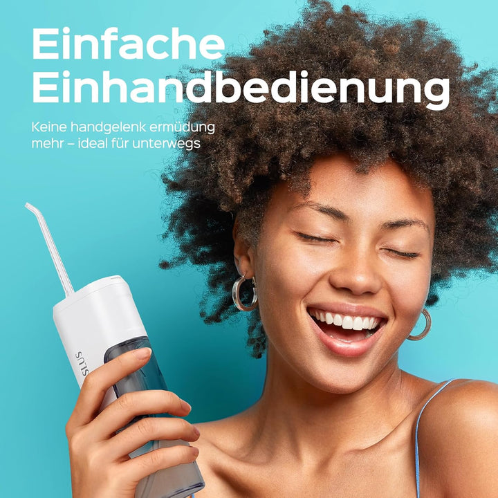 COSLUS Mini Elektrische Munddusche für Unterwegs: 4 Modi Kompaktes Design Abnehmbarer Wassertank für