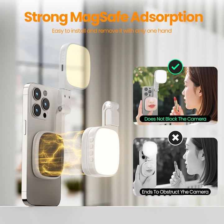 Magnetisches 3-in-1 Selfie-Licht mit Spiegel– 48 LEDs, 10 Helligkeitsstufen, 1000mAh Akku, Farbtempe