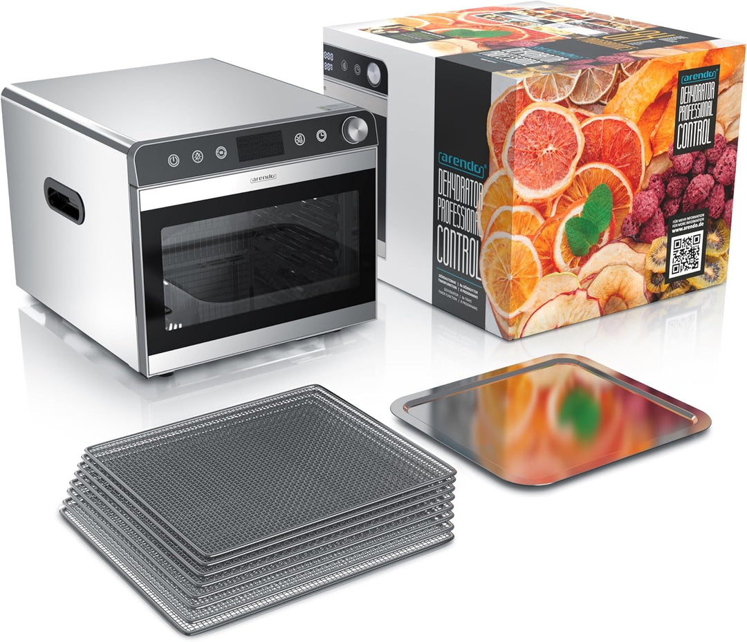 Arendo - Dörrautomat Edelstahl mit 8 Edelstahlgitter - 700 W - 30°-85°C - 8 Edelstahl Einlegetablett