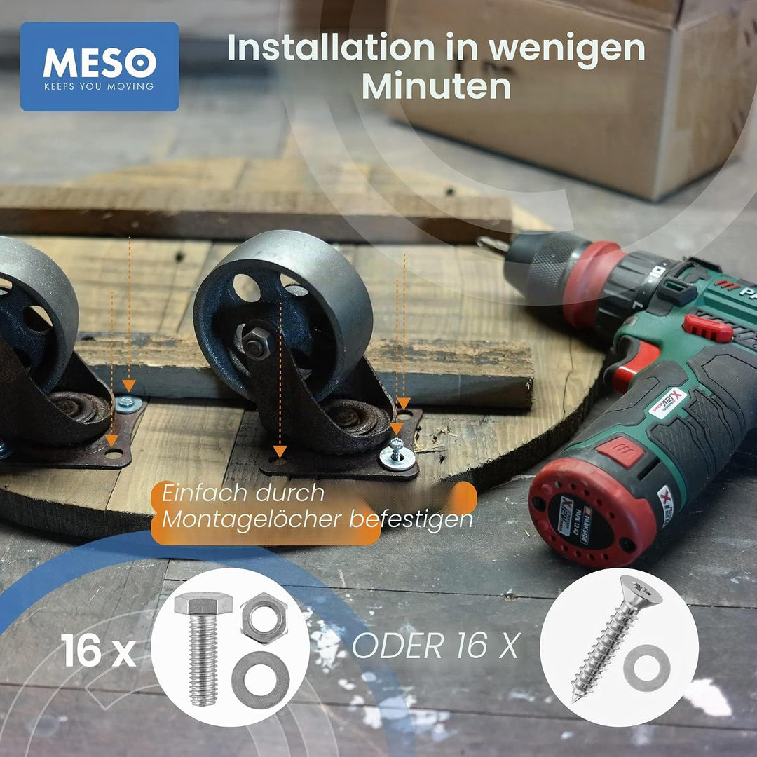 Vintage Rollen für Möbel – Räder für Möbel - Lenkrollen 75mm – 4er-Set - Alles Stahl Möbelrollen – R