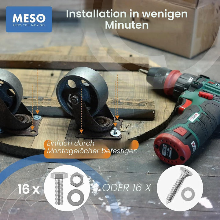 Vintage Rollen für Möbel – Räder für Möbel - Lenkrollen 75mm – 4er-Set - Alles Stahl Möbelrollen – R