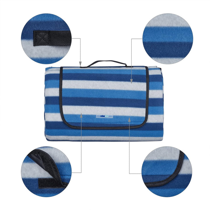 Relaxdays XXL Picknickdecke, 200x300 cm, isoliert, wasserdicht, gestreifte Fleece Stranddecke, Trage