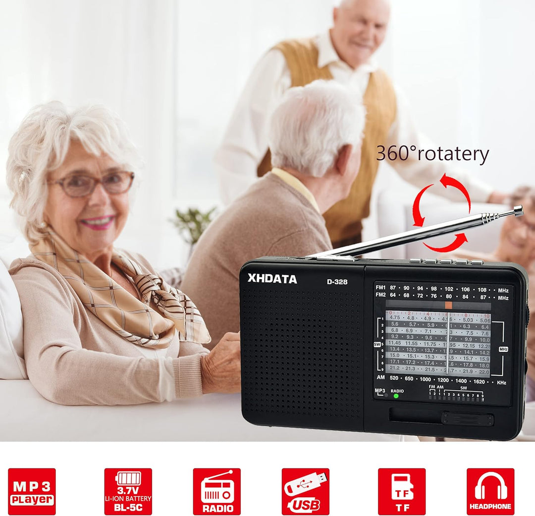 XHDATA D-328 Tragbarer Radio MP3 Player Unterstützt TF-Karte UKW AM SW Full Band Radio(Schwarz), Sch