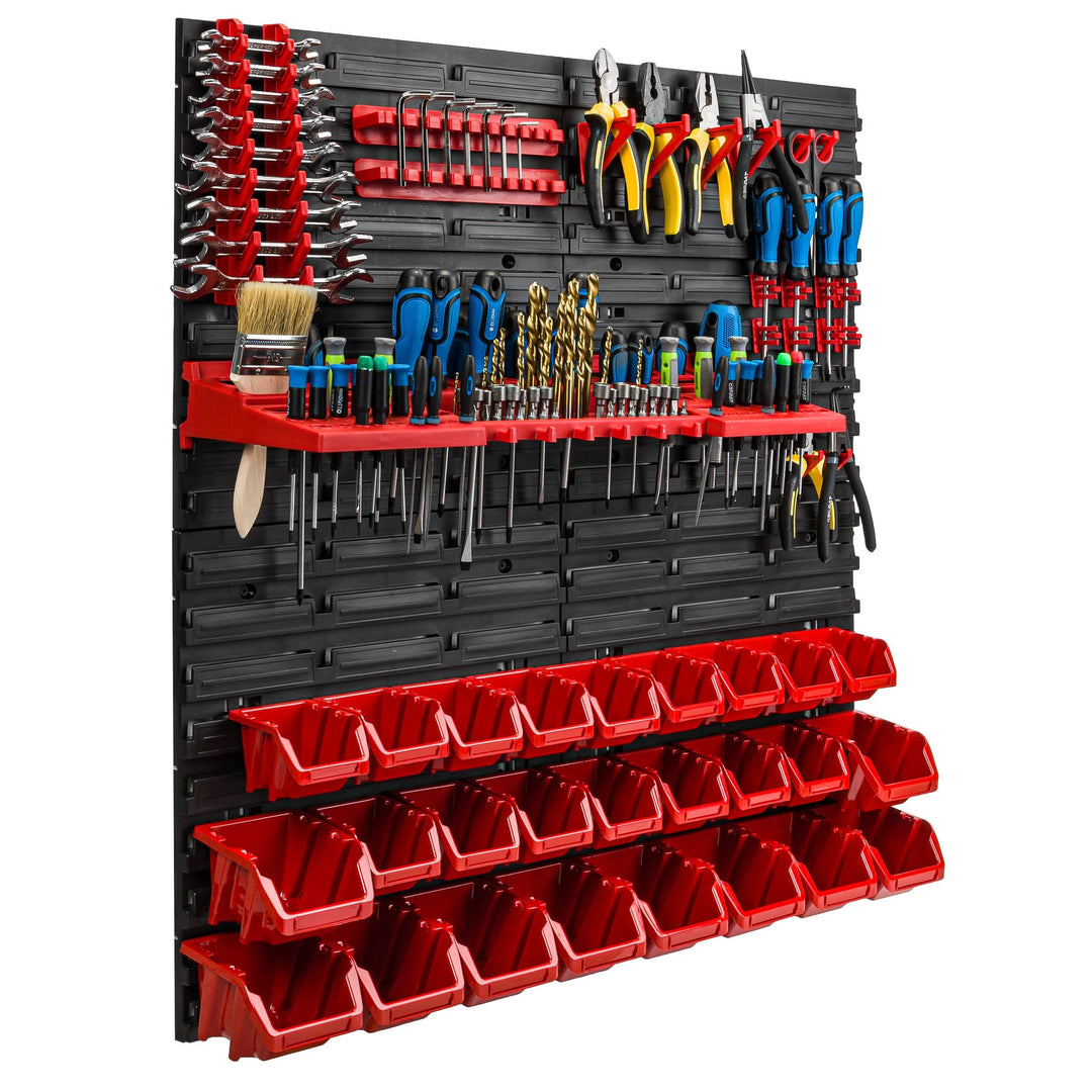 Lagersystem Werkstattregal | 78 x 78 cm | 26 stck. Box | Wandregal mit Werkzeughalterungen und Stape