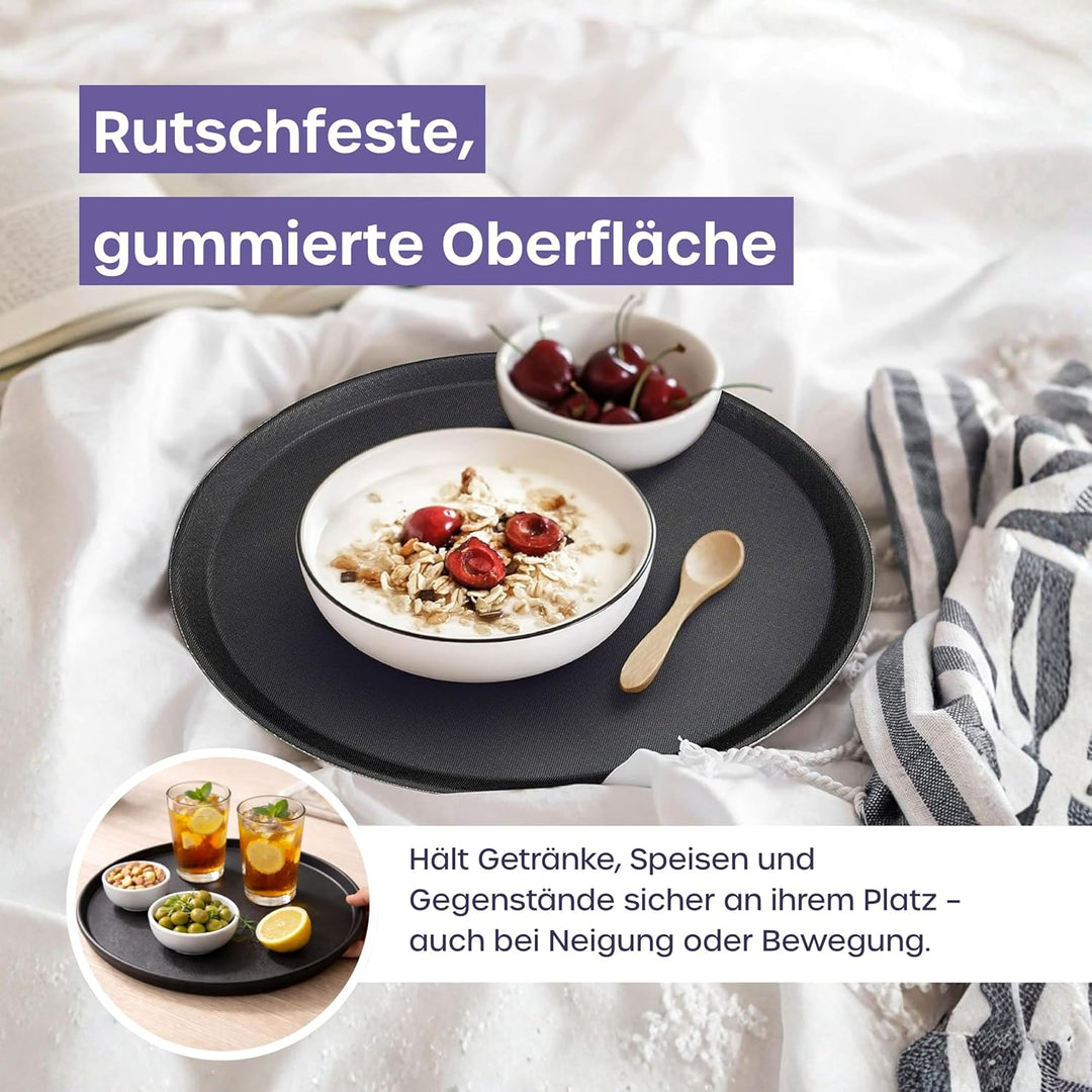 volila Rutschfestes Schwarzes Tablett Serviertablett Rund (4 STK. à 28 cm) - Rundes Tablett Ideal al