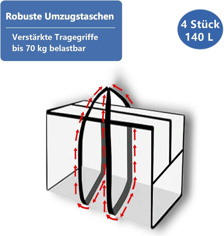 4 Stück 140L extra grosse Umzugstaschen – robuste, wasserdichte Aufbewahrungstaschen aus Oxford-Gewe