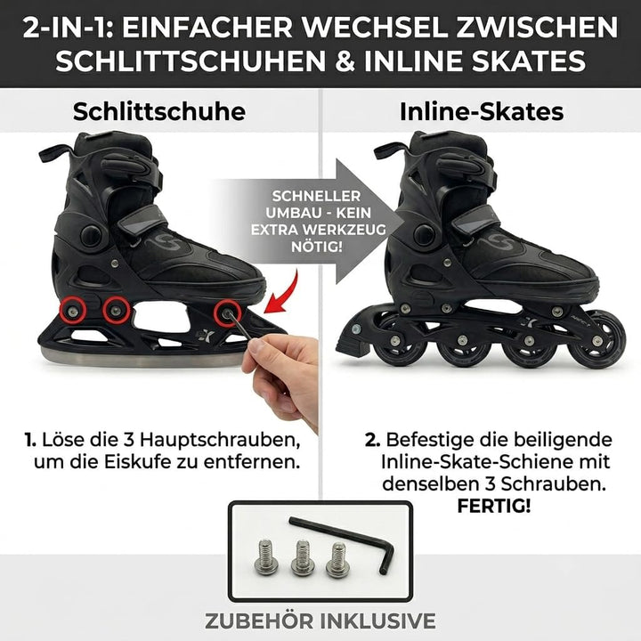 Cox Swain Black Ice 2in1 Inliner &amp; Schlittschuhe - Grössenverstellbare Kombi Skates &amp; Eislaufschuhe