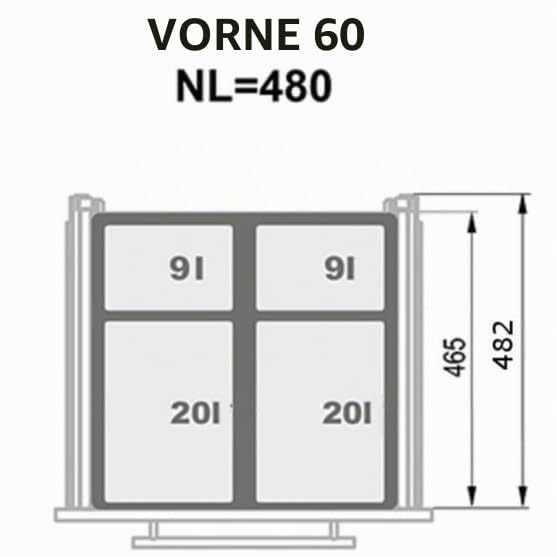 Einbau-Mülleimer für 60 cm Schrank SEGREGO 4-fach Abfallsystem mit Deckel Soft-Close & Vollauszug 56