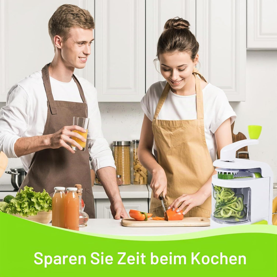 Spiralschneider Gemüse, 4 in 1 Zucchini Spaghetti Schneider mit Auffangbehälter, BPA-frei, Zucchini