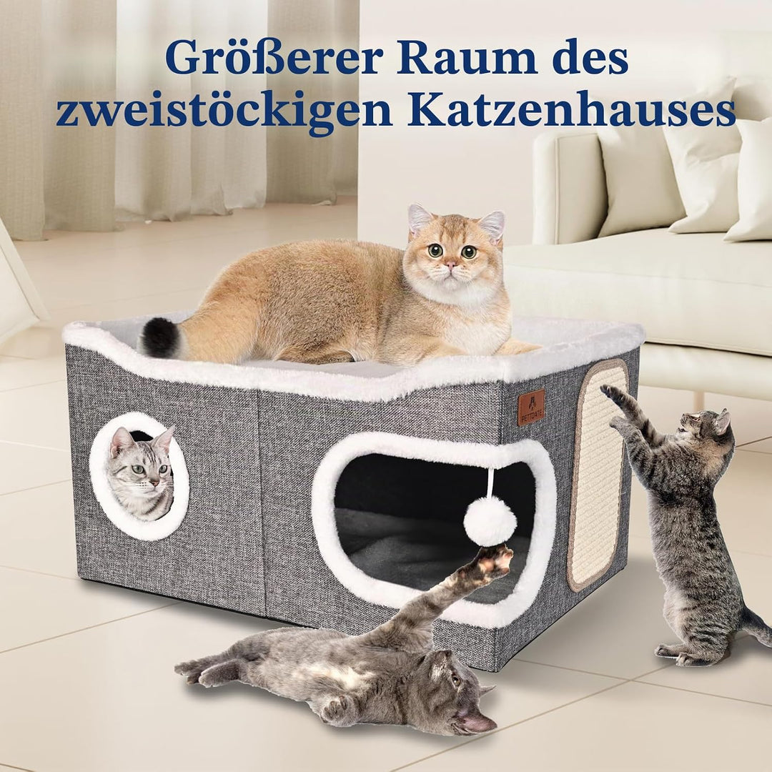 Extra Grosse Katzenhaus Indoor, 2-stöckige Kuschelhöhle mit Kratzbrett und Spielball, Katzenhöhle fü