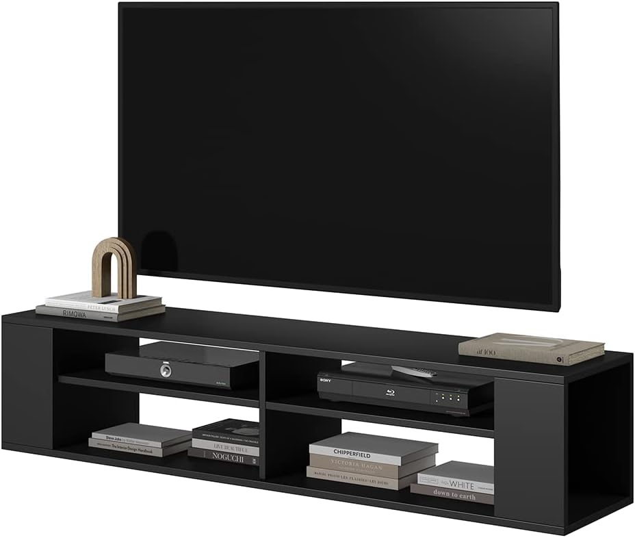 Selsey Weri - TV-Board hängend mit 4 offenen Fächern, minimalistisch, 140 cm breit (Schwarz), Schwar