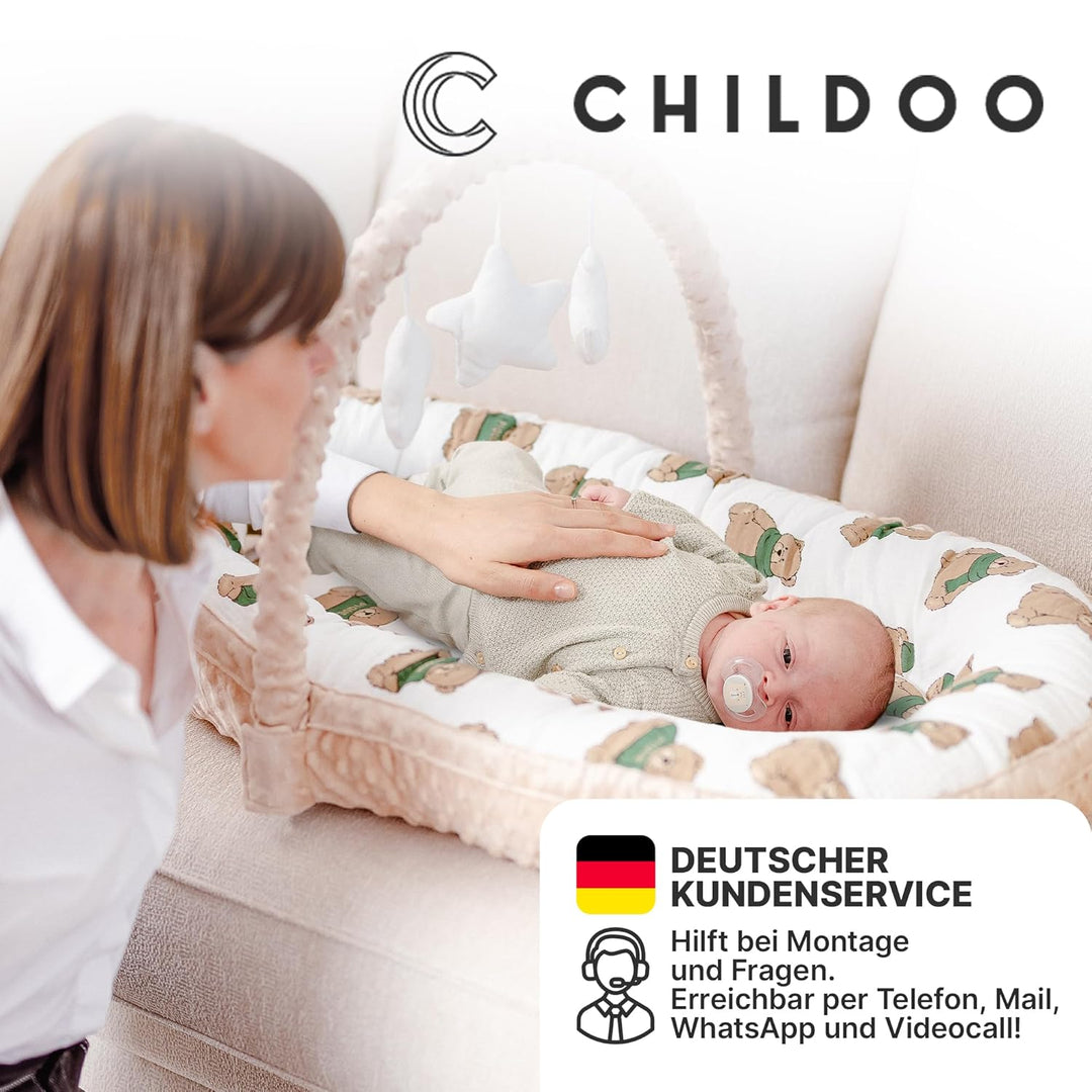 CHILDOO Babynest [inkl. Spielbogen] Baby Nestchen aus OEKOTEX Stoffen, Babynestchen für Neugeborene,