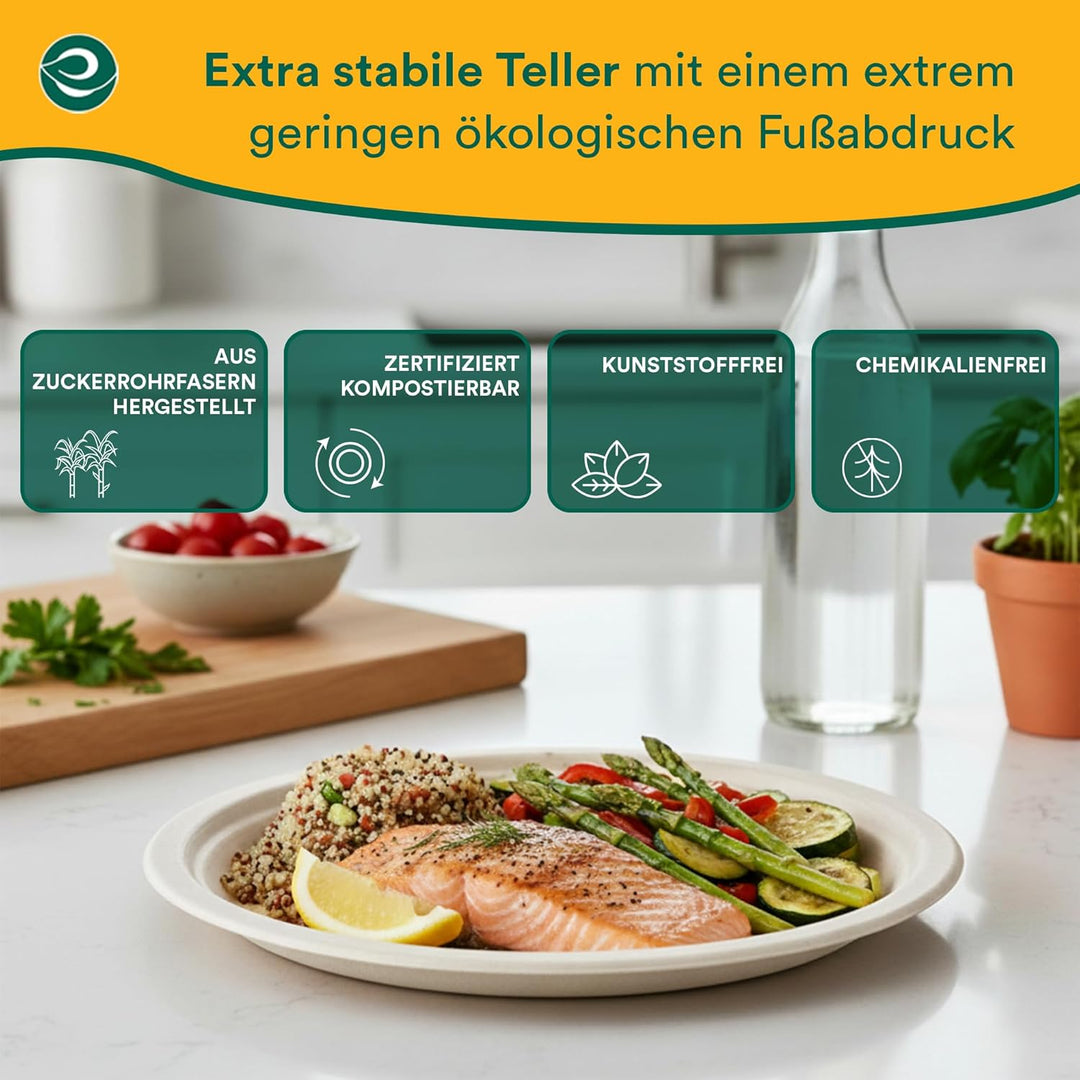 ECO SOUL weisse 23 cm (9 Zoll) runde Bagasse-Papierteller (100 Stück), Einweggeschirr, 100% komposti