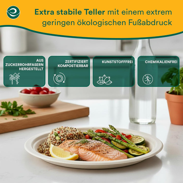 ECO SOUL weisse 23 cm (9 Zoll) runde Bagasse-Papierteller (100 Stück), Einweggeschirr, 100% komposti
