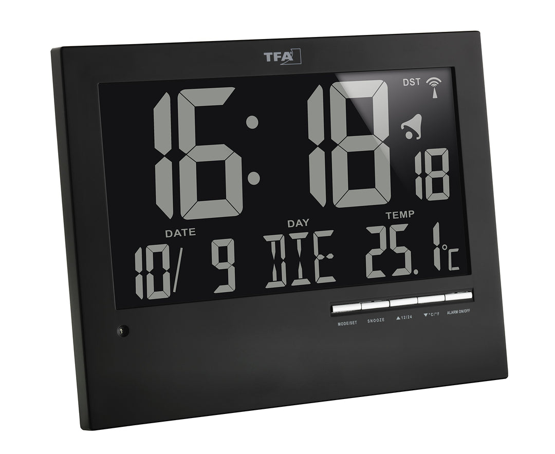 TFA Dostmann Digitale Funkuhr mit automatischer Hintergrundbeleuchtung, mit Innentemperatur, Datum,
