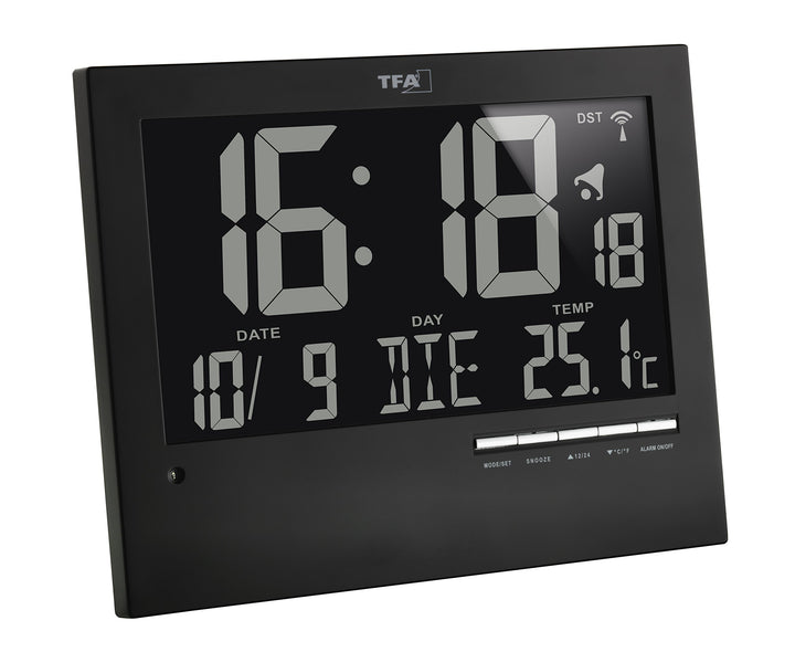 TFA Dostmann Digitale Funkuhr mit automatischer Hintergrundbeleuchtung, mit Innentemperatur, Datum,