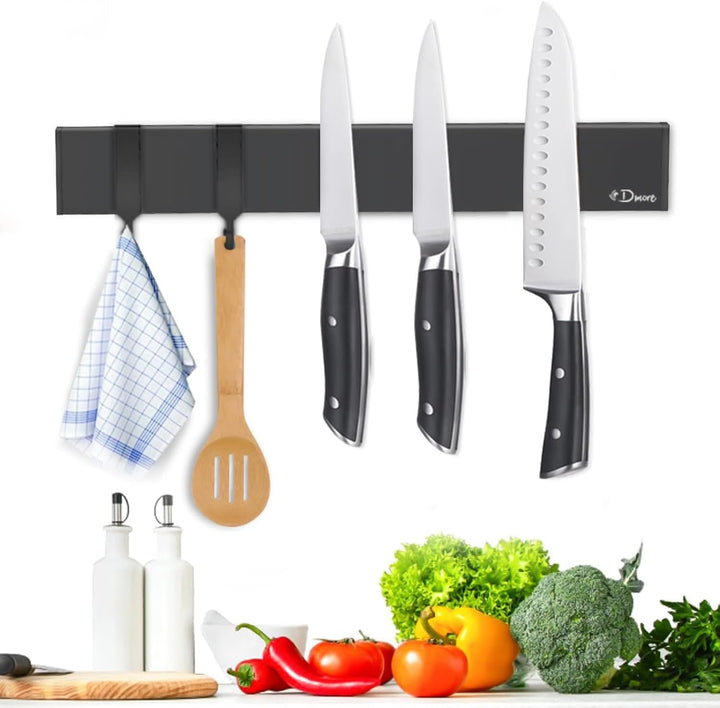 Dmore 30 cm Magnetleiste Messer mit 2 Haken, schwarzer Messerhalter magnetisch ohne Bohren, leistung