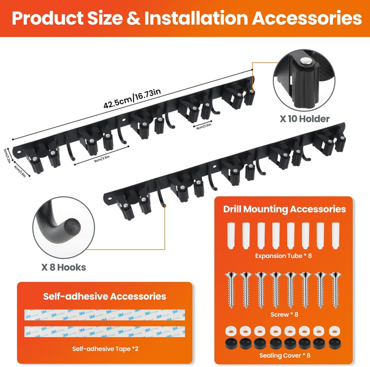 2 Stück Besenhalterung Wand, 10 Halter + 8 Haken Edelstahl Gerätehalter, Selbstklebend Gartengeräteh