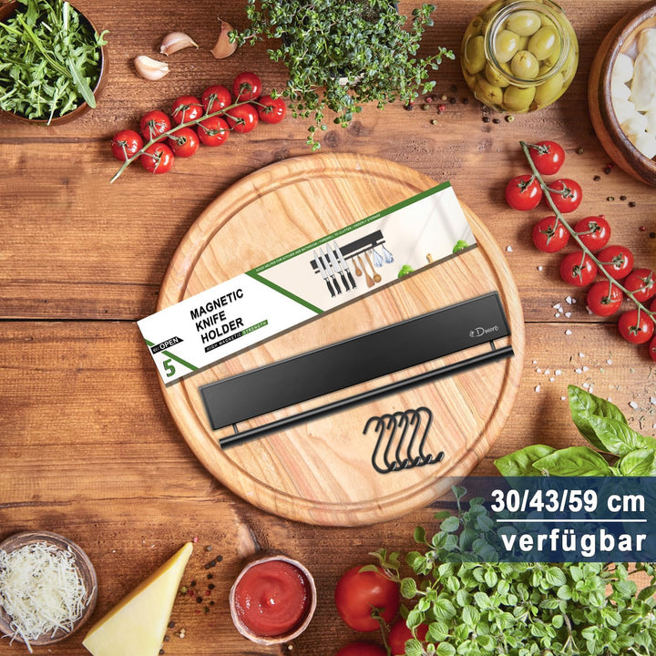 Dmore 30 cm Magnetleiste Messer mit 5 Haken, schwarzer Messerhalter magnetisch mit Hakenleiste, extr