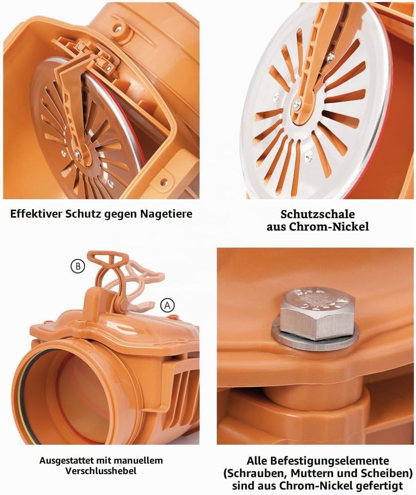 Invena Horizontale PVC-Kunststoff-Abwasserrohre Check Rückschlagventil Rückstau verhindert 110mm