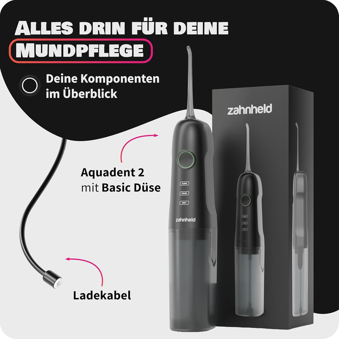 Zahnheld® Munddusche AQUADENT | Kabellos | Für unterwegs und zu Hause | Water Flosser | Fördert eine