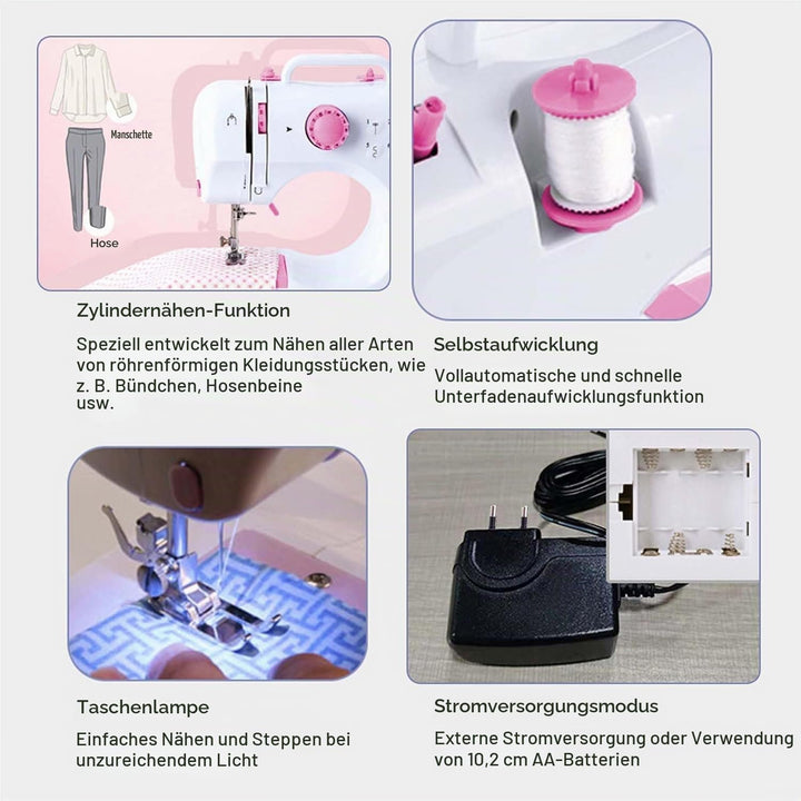 Mini Nähmaschine für Anfänger, 12 Stiche Haushalt Doppelfaden Multifunktionsnähmaschine für Kinder,