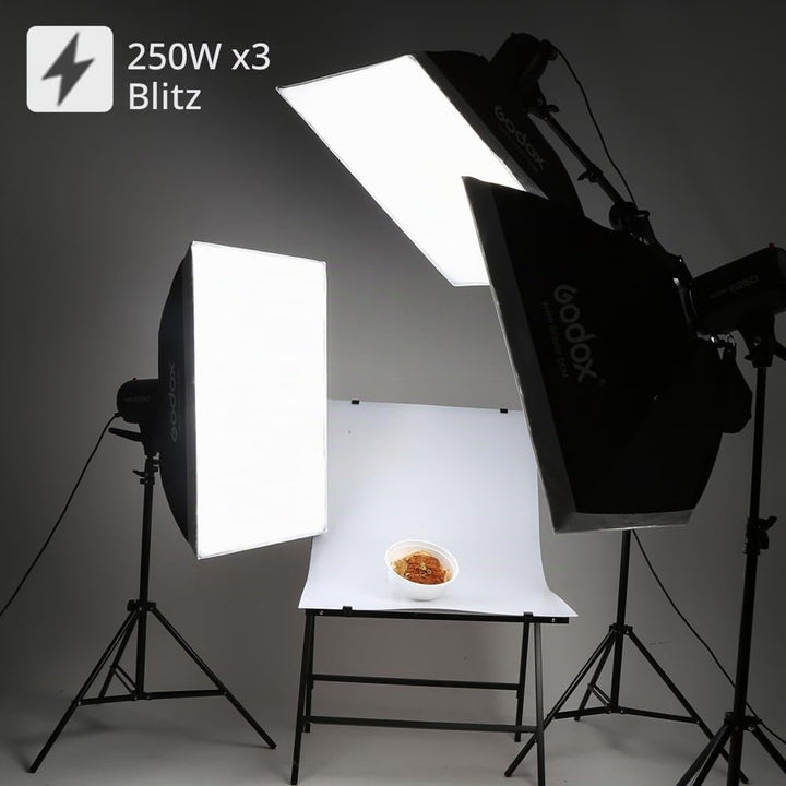 Godox 750W Studio Stroboskop Blitzlicht Kit, Stroboskop Beleuchtungsset für Fotografie, 3x250W 5600K