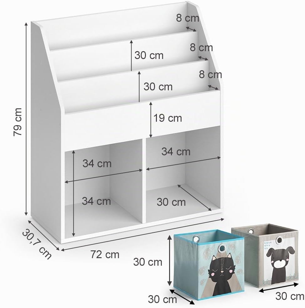 Vicco Kinderregal Luigi, Weiss, 72 x 79 cm mit 2 Faltboxen Opt.4, zur Aufbewahrung von Büchern und S